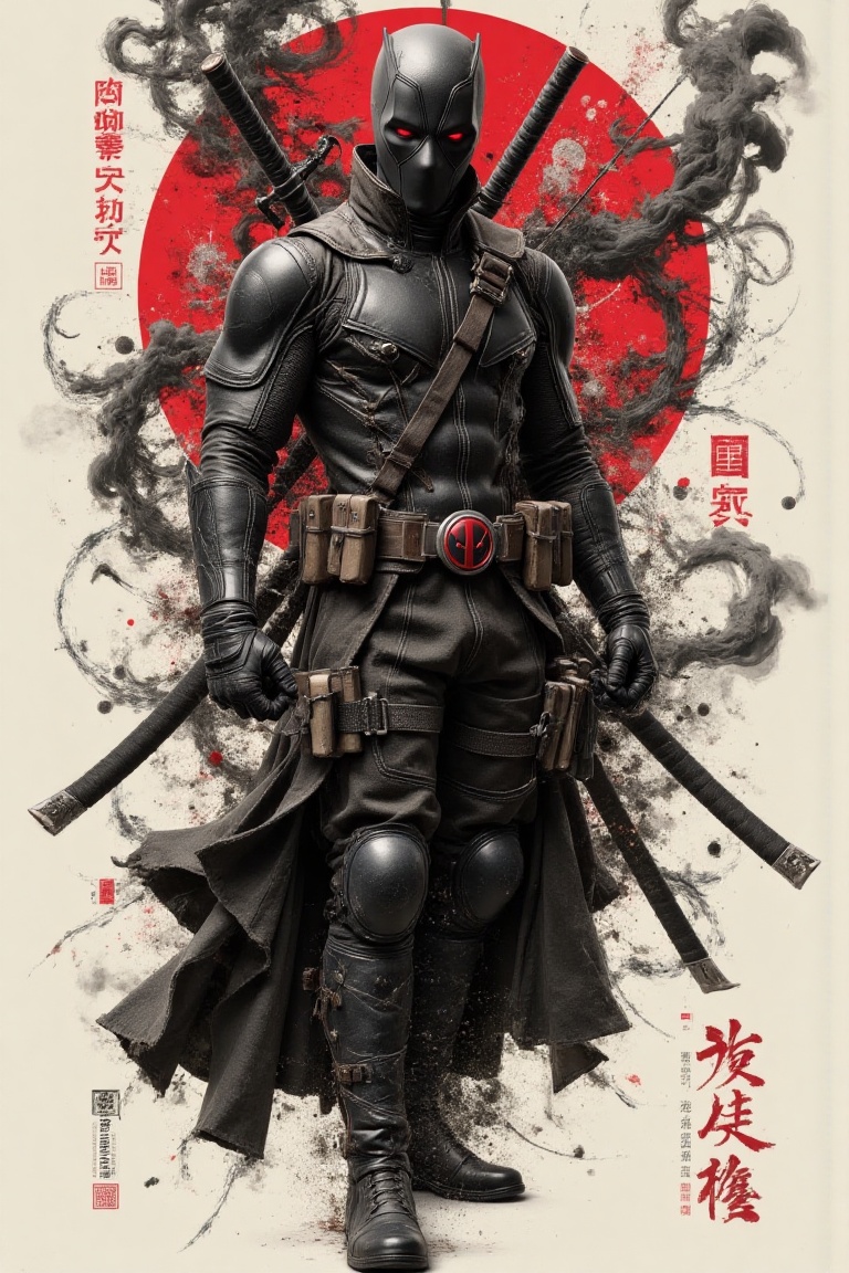 deadpool standing confidently,  black tactical suit with katana swords on back,  glowing red eyes on Tensor.Art