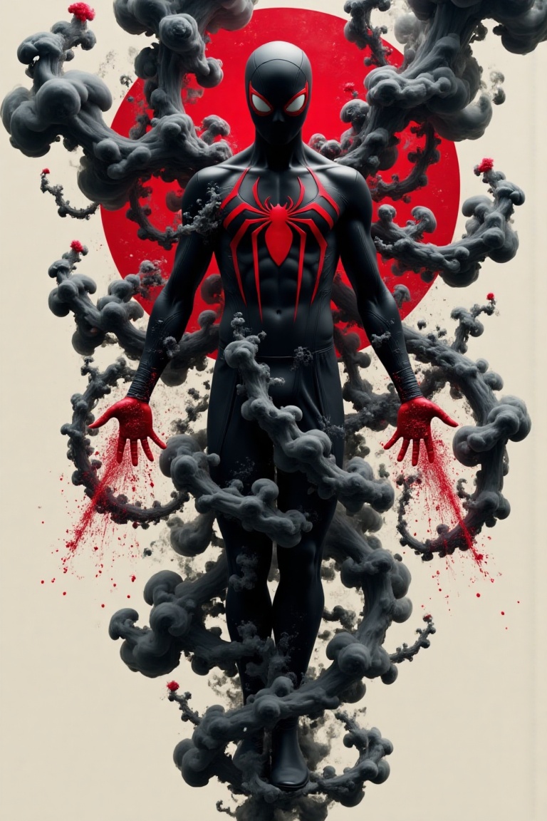 black suit spider-man levitating,  arms outstretched mid-air,  mystic smoke fx coiling around limbs on Tensor.Art