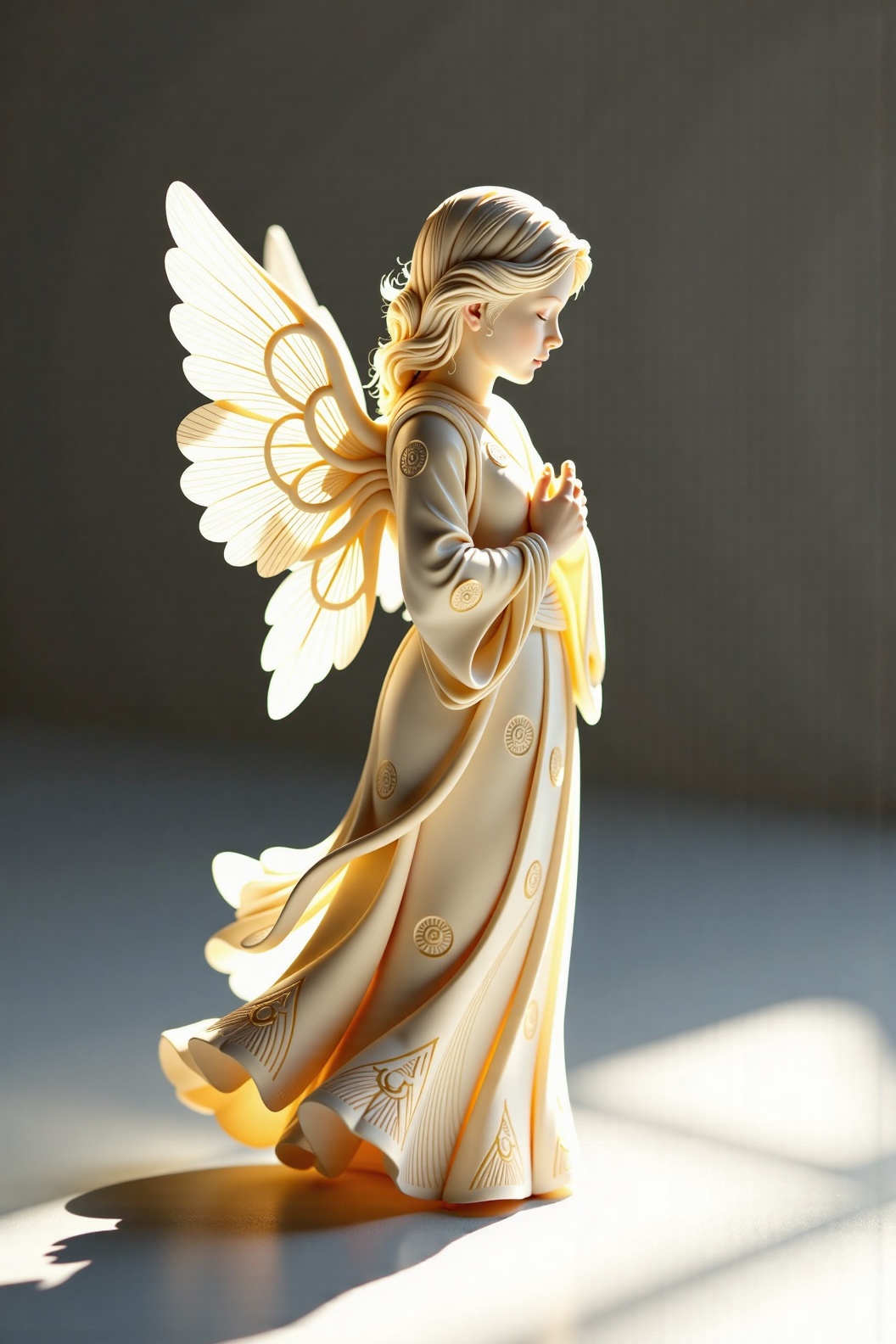 The delicate figurine angel,  made of snow-white ivory,  shines in the soft diffused light. Its surface seems to radiate i...