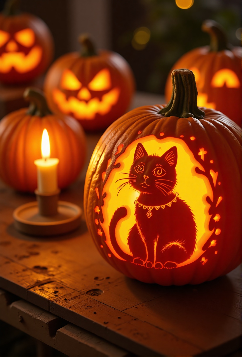 The image shows a beautifully carved pumpkin with a detailed image of a cat inside. The pumpkin is illuminated from the in...