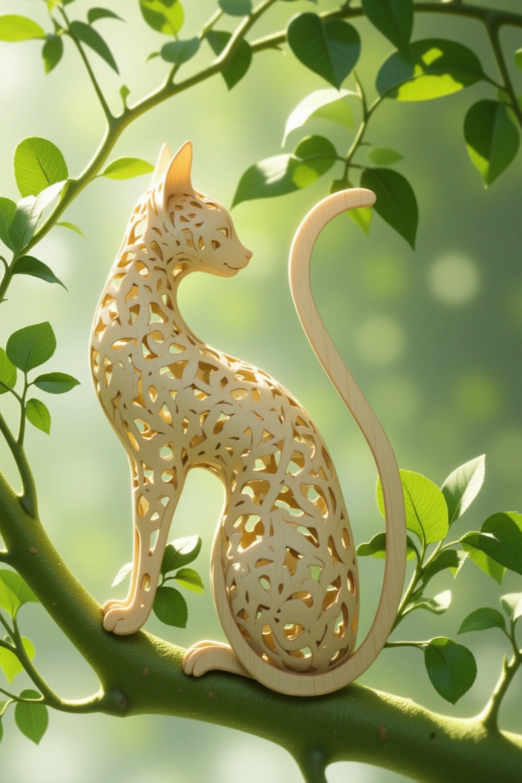 A stunning milk-colored cat crafted from delicate wood sits gracefully on a green branch adorned with an intricate openwor...