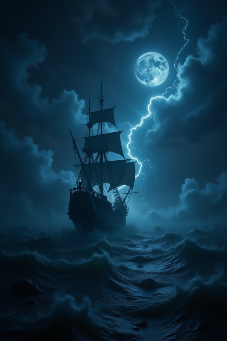 In the darkness of the night,  shrouded in fog,  the silhouette of a pirate ship appears. A ghostly haze hides it from pry...