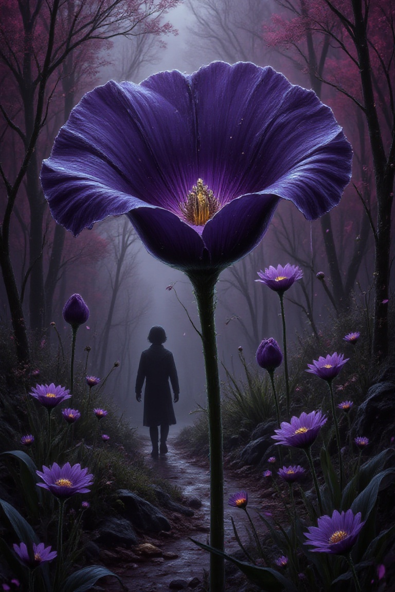 A surreal,  over-detailed purple calla with a glowing silver center dominates the foreground. Behind him,  a dark figure s...