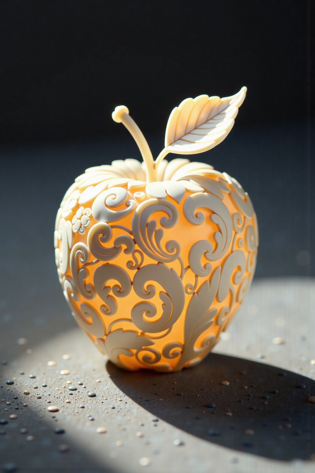 The delicate figurine apple,  made of snow-white ivory,  shines in the soft diffused light. Its surface seems to radiate i...