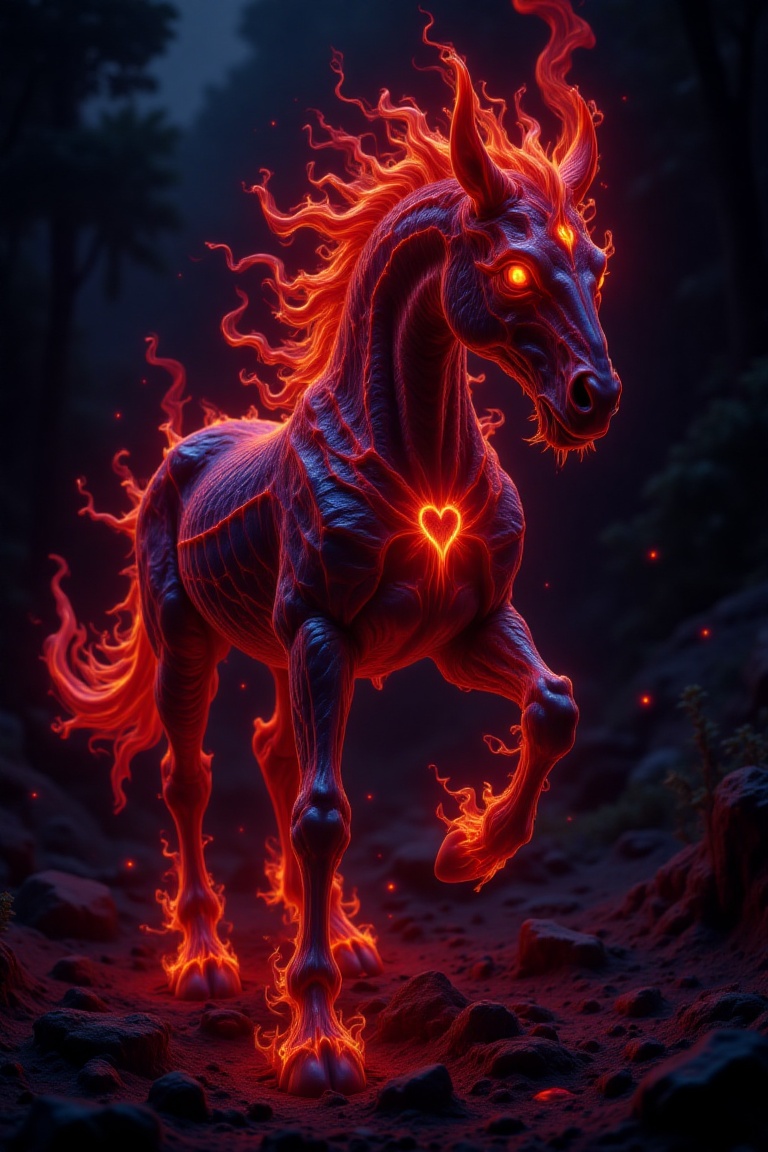 A hellish equine form rises from the darkened earth,  its biomorphic body a tapestry of scales and flesh. Hellish lighting...