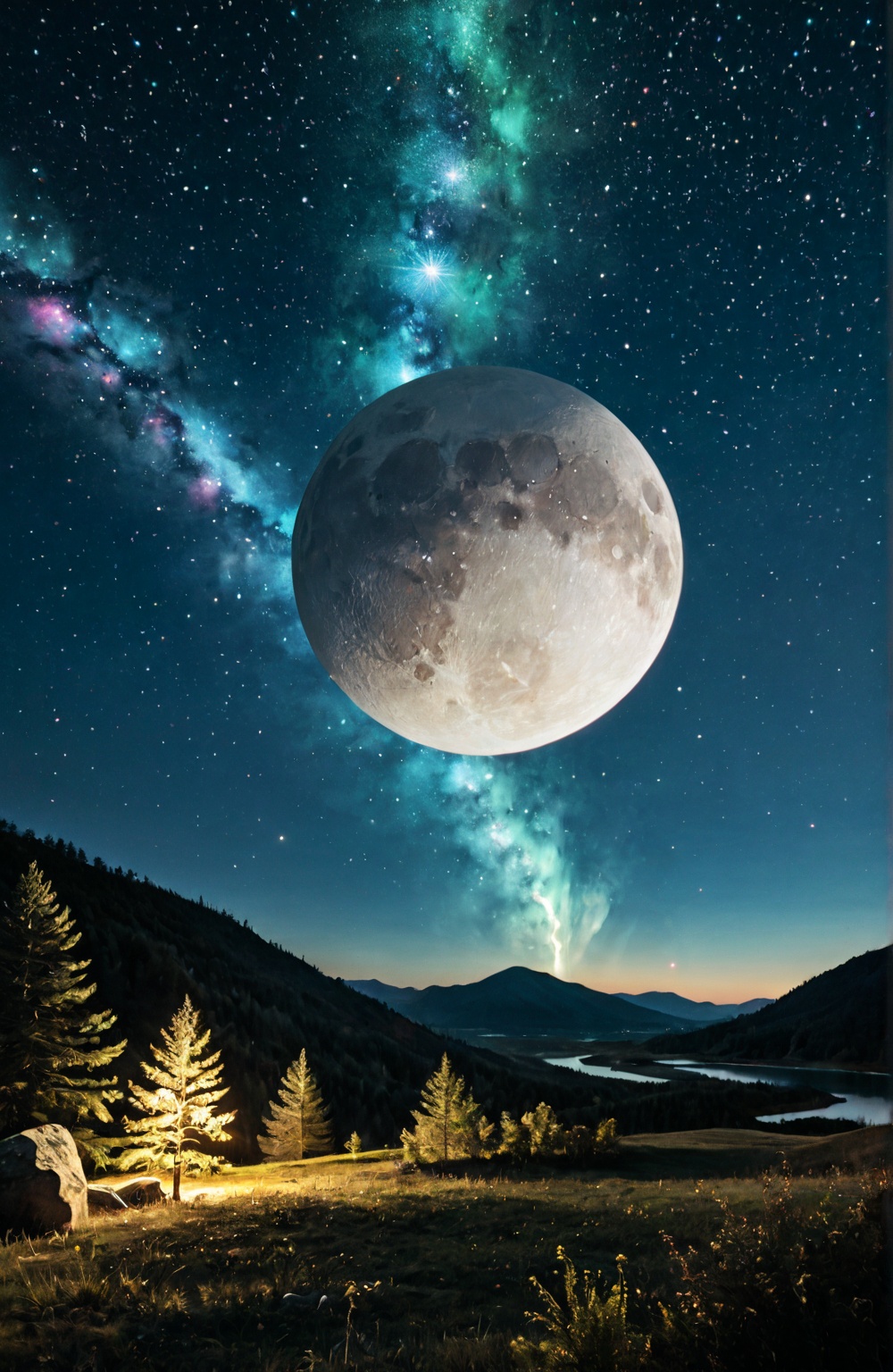 a vast,  star-filled night sky that spans the entire canvas. The deep blue and indigo hues of the night should be punctuat...