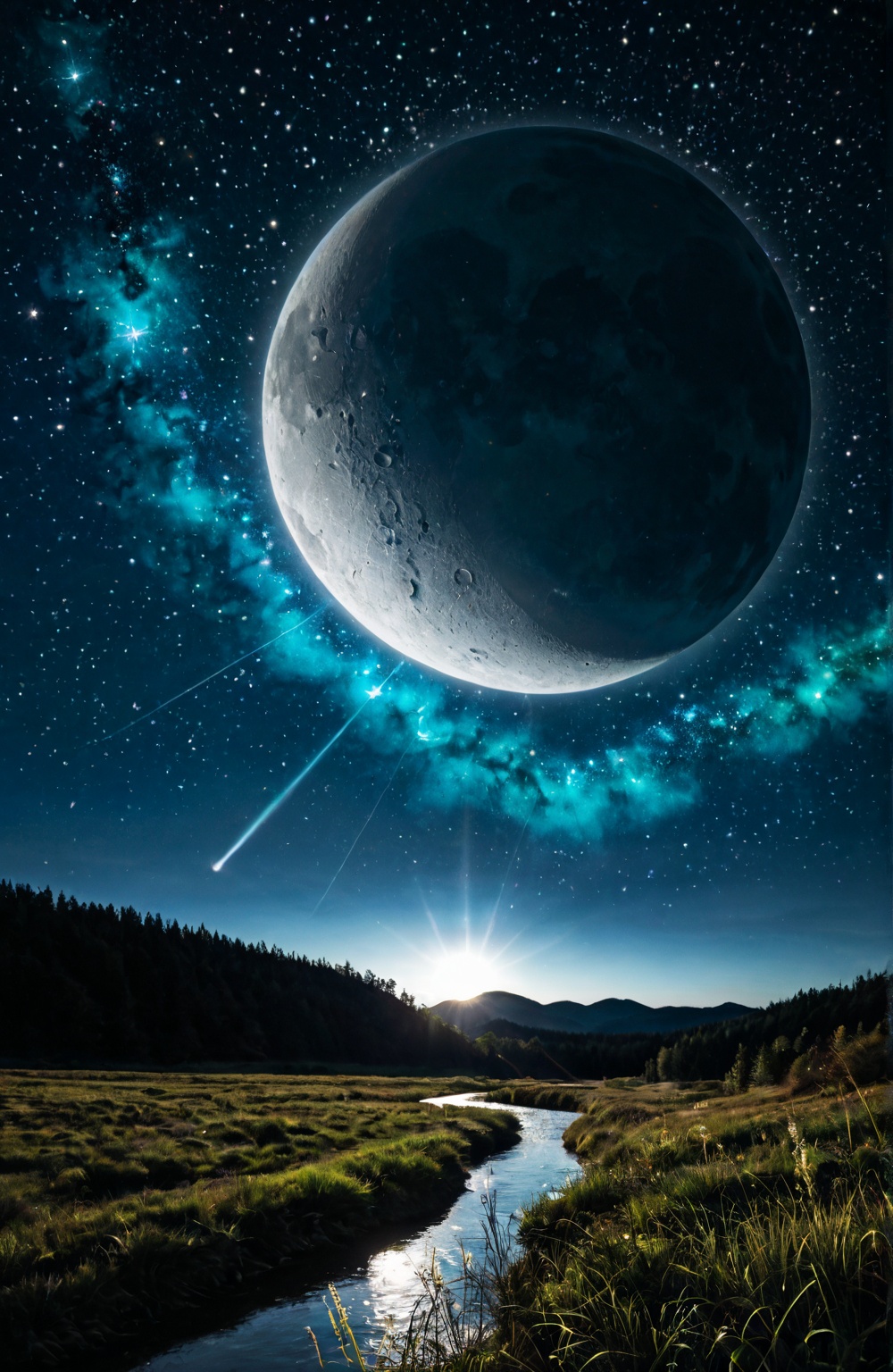 a vast,  star-filled night sky that spans the entire canvas. The deep blue and indigo hues of the night should be punctuat...