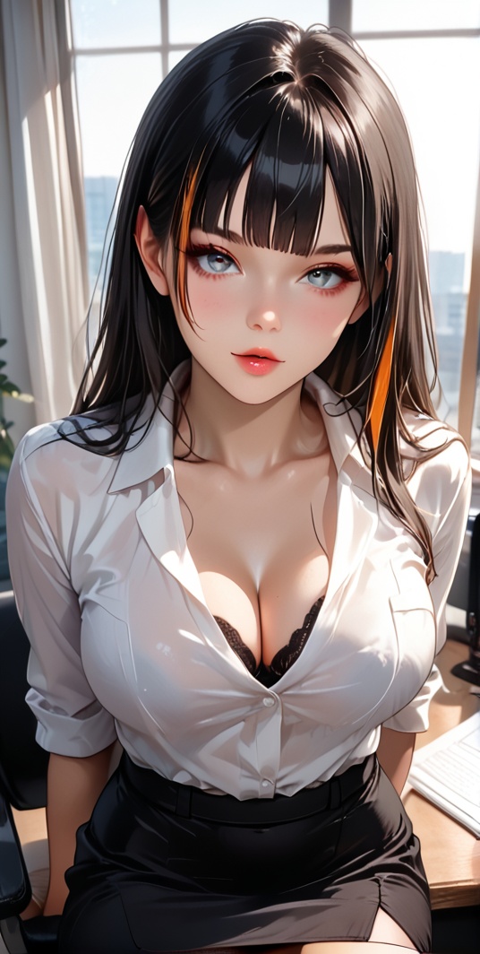 A young girl with long,  black hair and bangs looks directly at the viewer. She has large breasts with cleavage,  wearing...