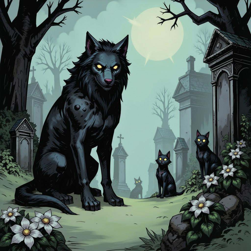 inked comic illustration in TTCSV1.0 artstyle that features fog covered graveyard,  graveyard is full of white flowers tha...