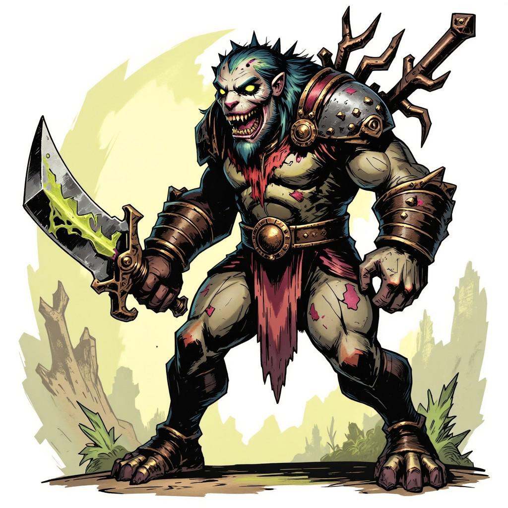 inked comic illustration in TTCSV1.0 artstyle that features A fierce warrior who has been cursed with the blood of a beast...