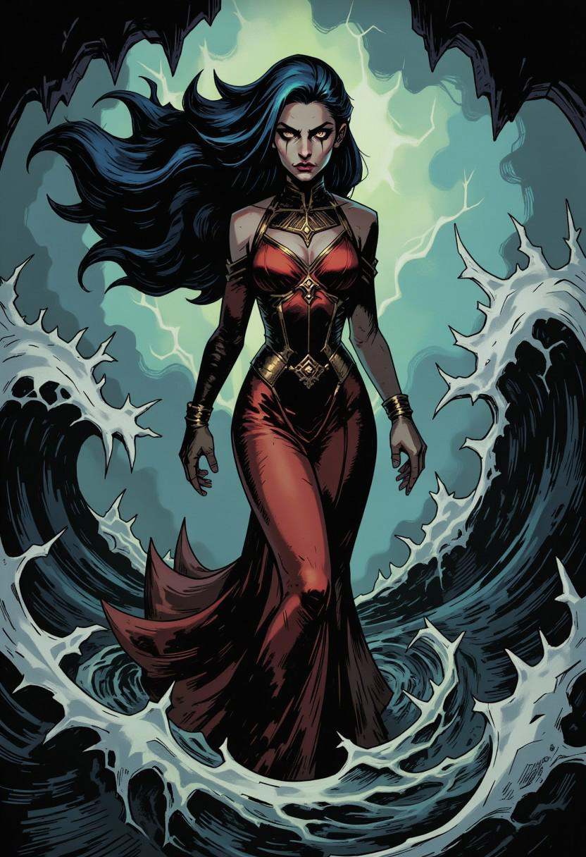 inked comic illustration in TTCSV1.0 artstyle that features A captivating siren,  her form outlined against a stormy sea....