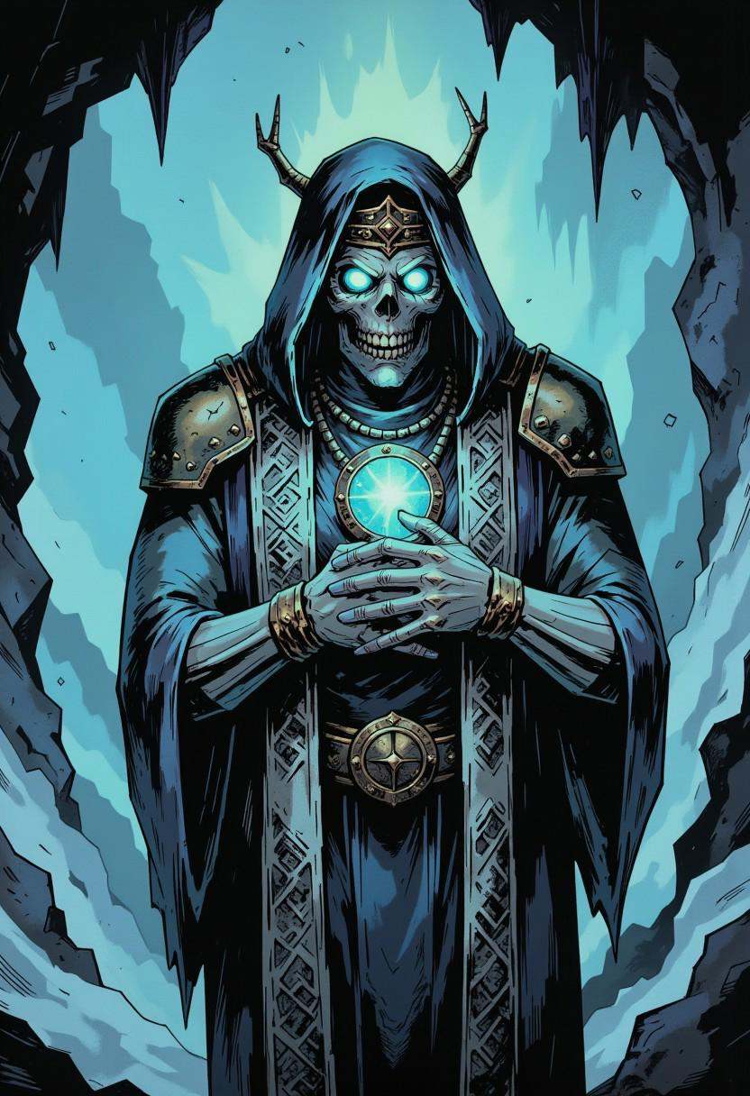 inked comic illustration in TTCSV1.0 artstyle that features A spectral and eerie figure dominates the image,  shrouded in...