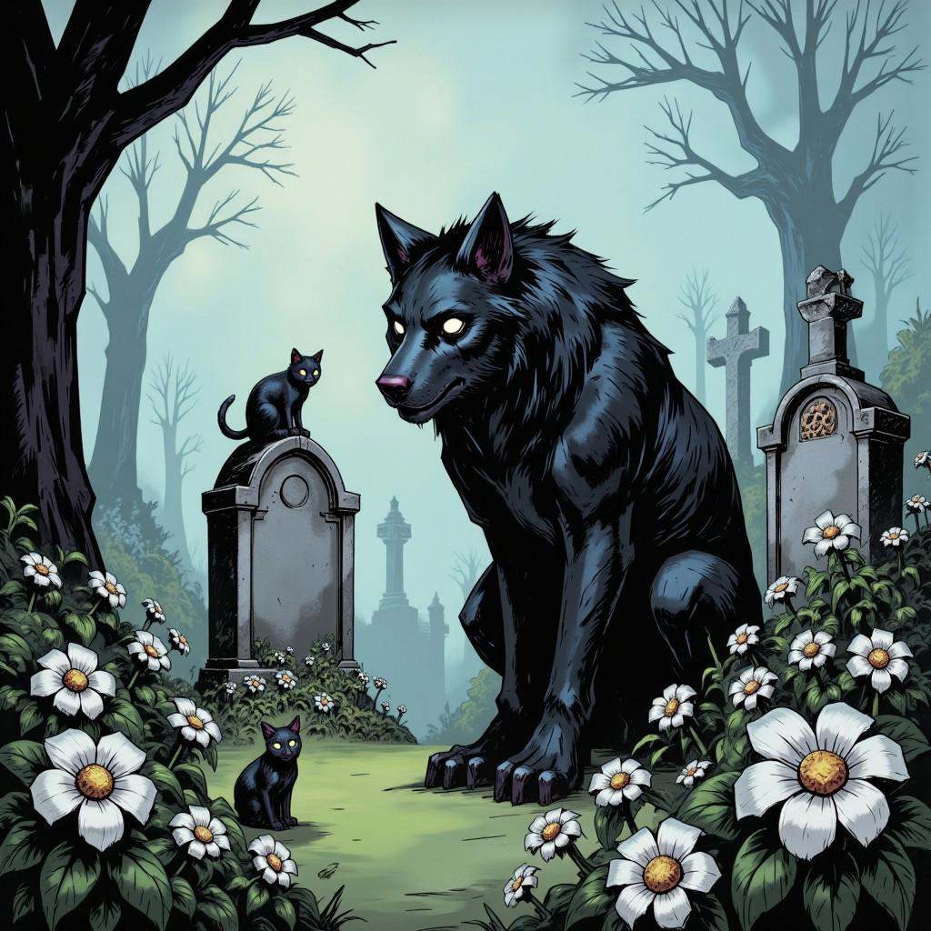 inked comic illustration in TTCSV1.0 artstyle that features fog covered graveyard,  graveyard is full of white flowers tha...