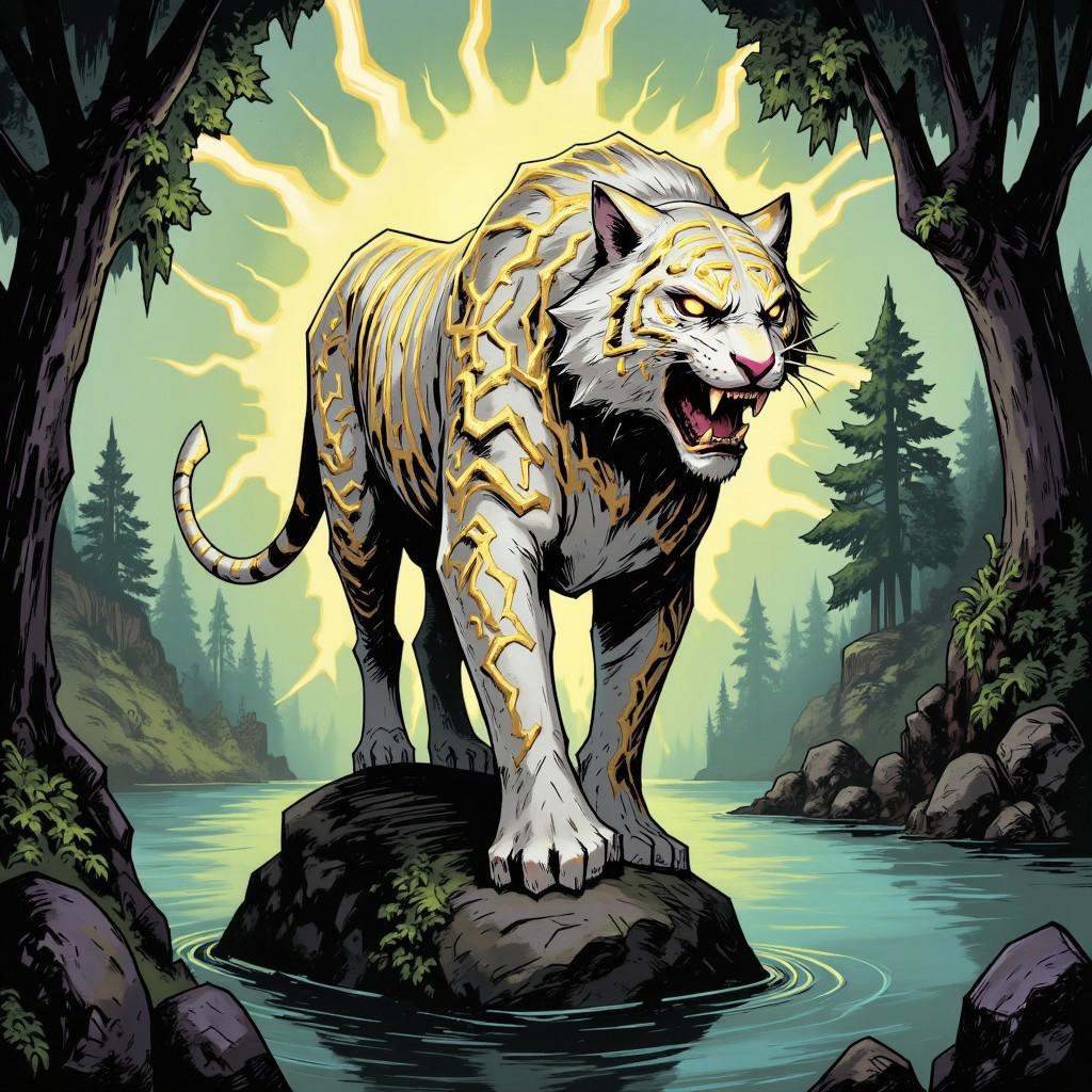 inked comic illustration in TTCSV1.0 artstyle that a majestic white tiger,  surrounded by the aura of lightning,  the tige...