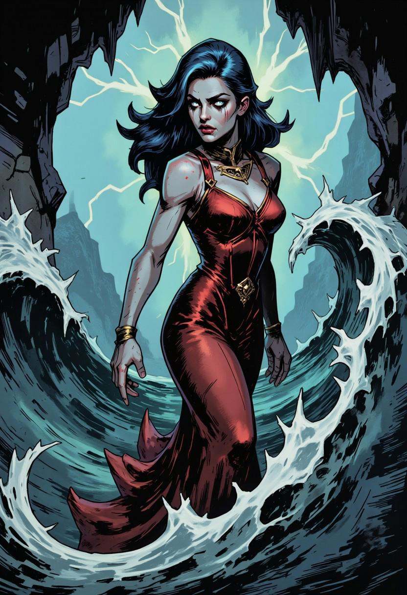 inked comic illustration in TTCSV1.0 artstyle that features A captivating siren,  her form outlined against a stormy sea....