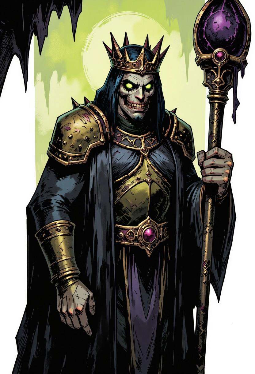 inked comic illustration in TTCSV1.0 artstyle that features A once-powerful monarch whose kingdom fell to a plague of dark...