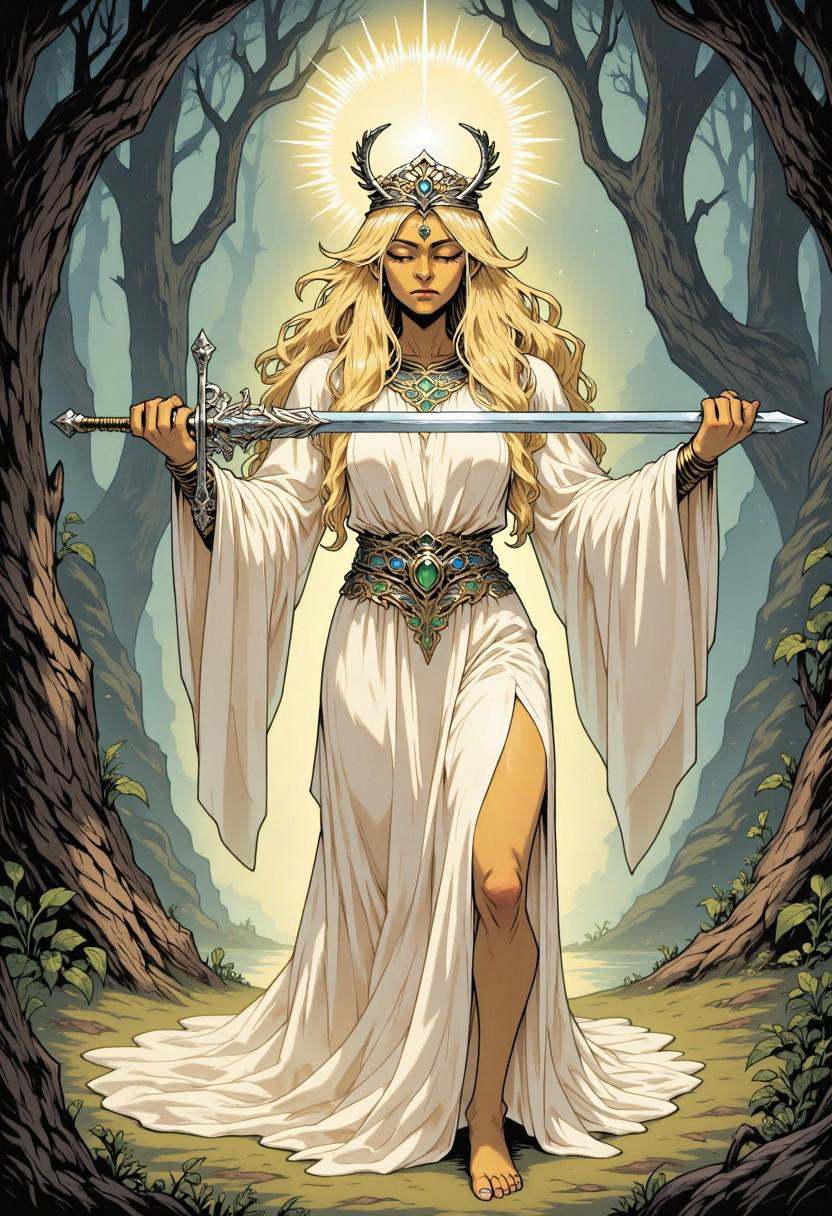comic illustration in TTCSV1.5 artstyle that features a woman,  an embodiment of grace and divinity,  holds a long on Tens...