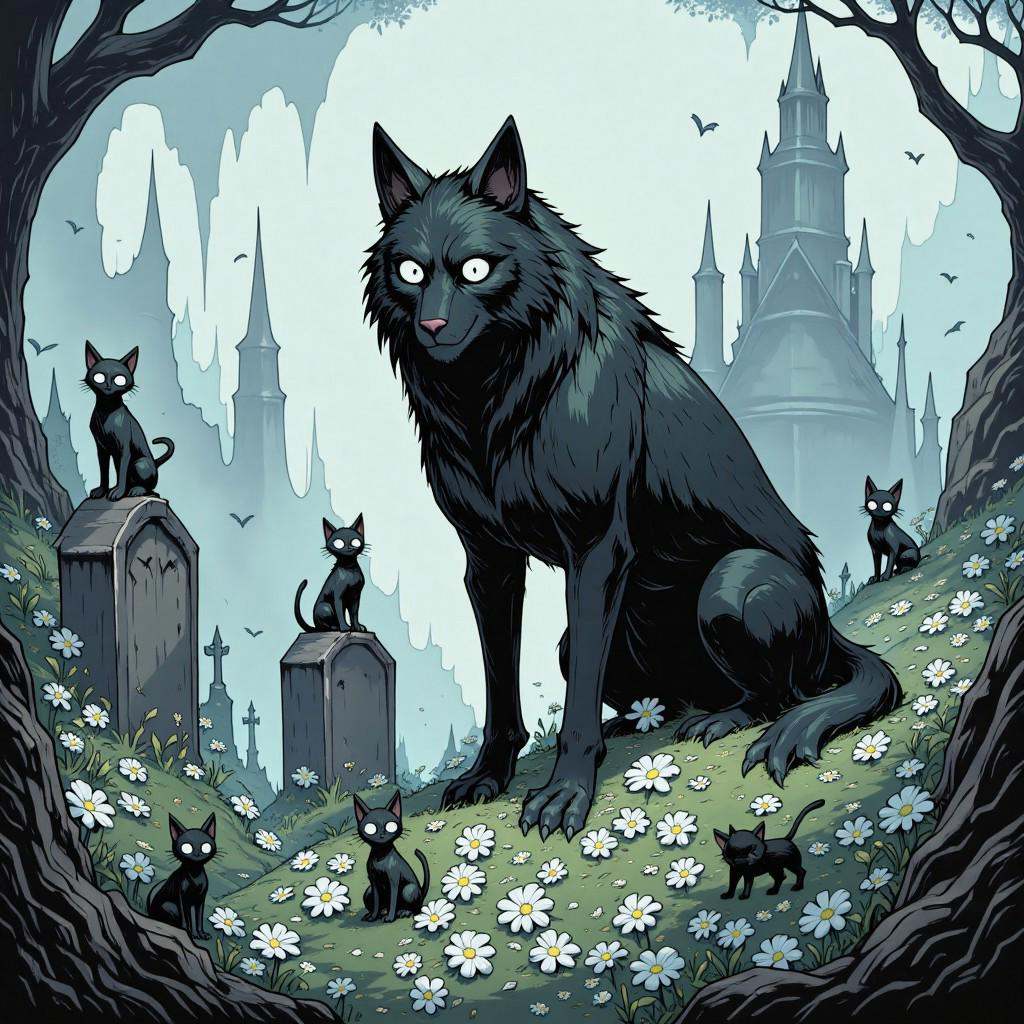 comic illustration in TTCSV1.5 artstyle that features fog covered graveyard,  graveyard is full of white flowers that rais...