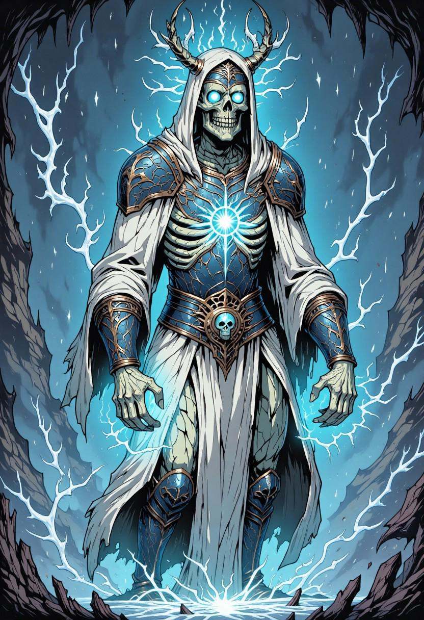 comic illustration in TTCSV1.5 artstyle that features A spectral and eerie figure dominates the image,  shrouded in an eth...