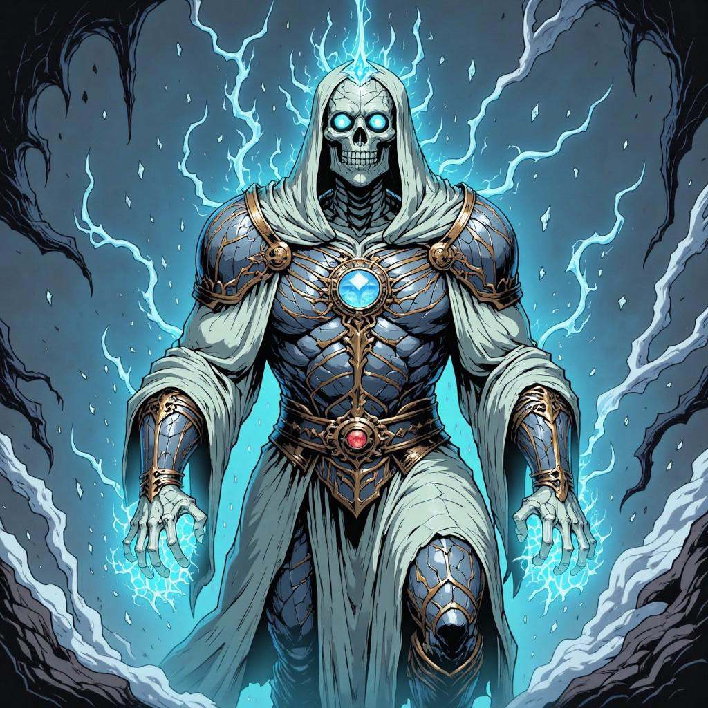 comic illustration in TTCSV1.5 artstyle that features A spectral and eerie figure dominates the image,  shrouded in an eth...