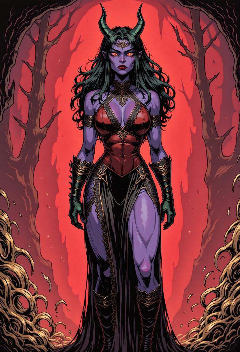 comic illustration in TTCSV1.5 artstyle that features A tall seductive purple skinned succubus,  demon woman with black ho...