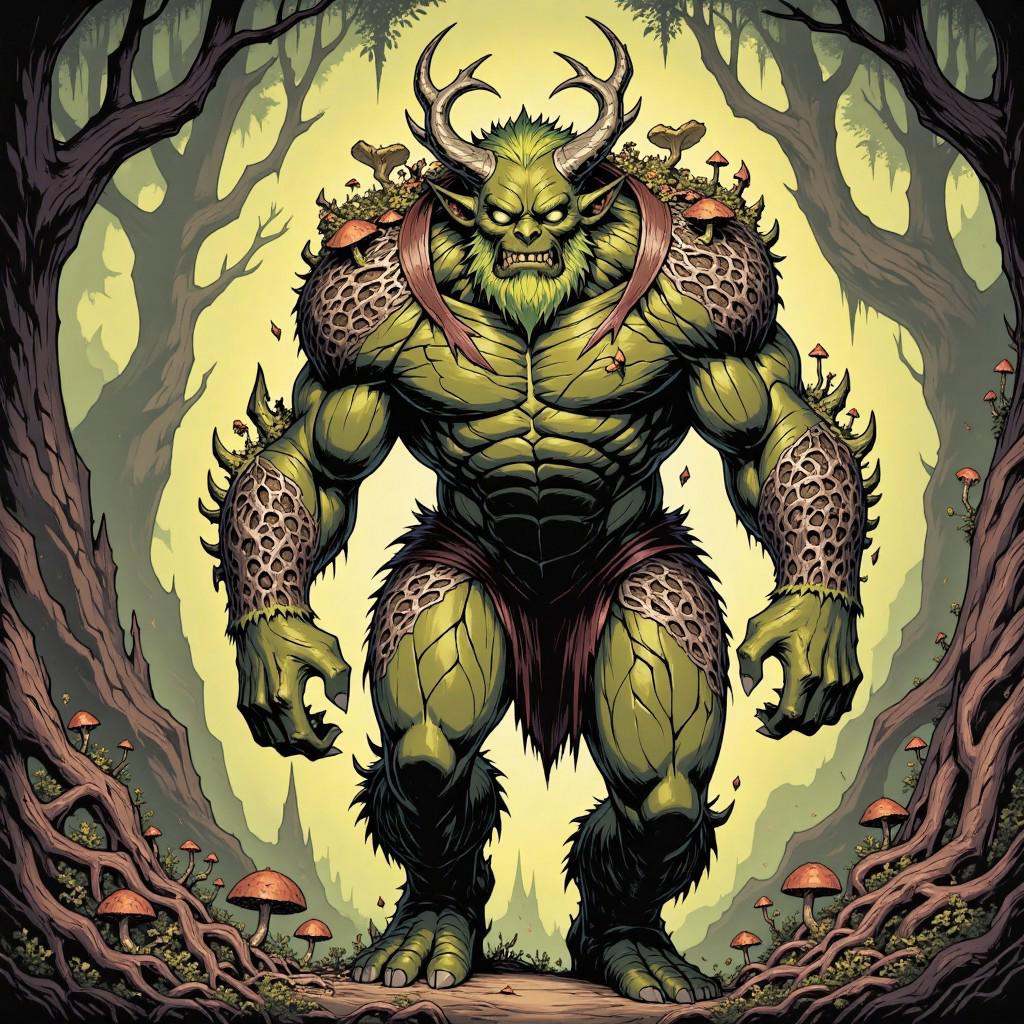 comic illustration in TTCSV1.5 artstyle that features A massive,  moss-covered figure with bark-like skin cracked and seep...