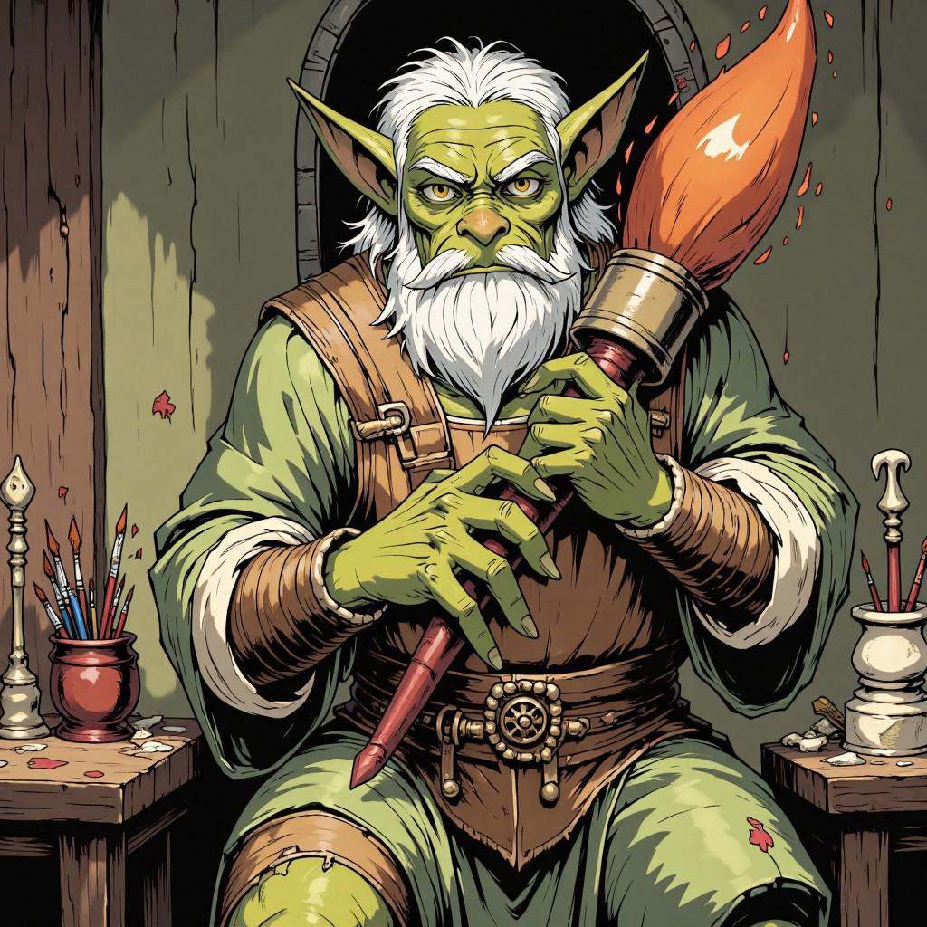 comic illustration in TTCSV1.5 artstyle that features a green skined gremlin with long white beard,  gremlin hold a big br...