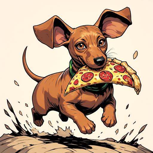 inked comic illustration in TTCSV1.5 artstyle that features a dachshund running away with a big slice of pizza in his mout...