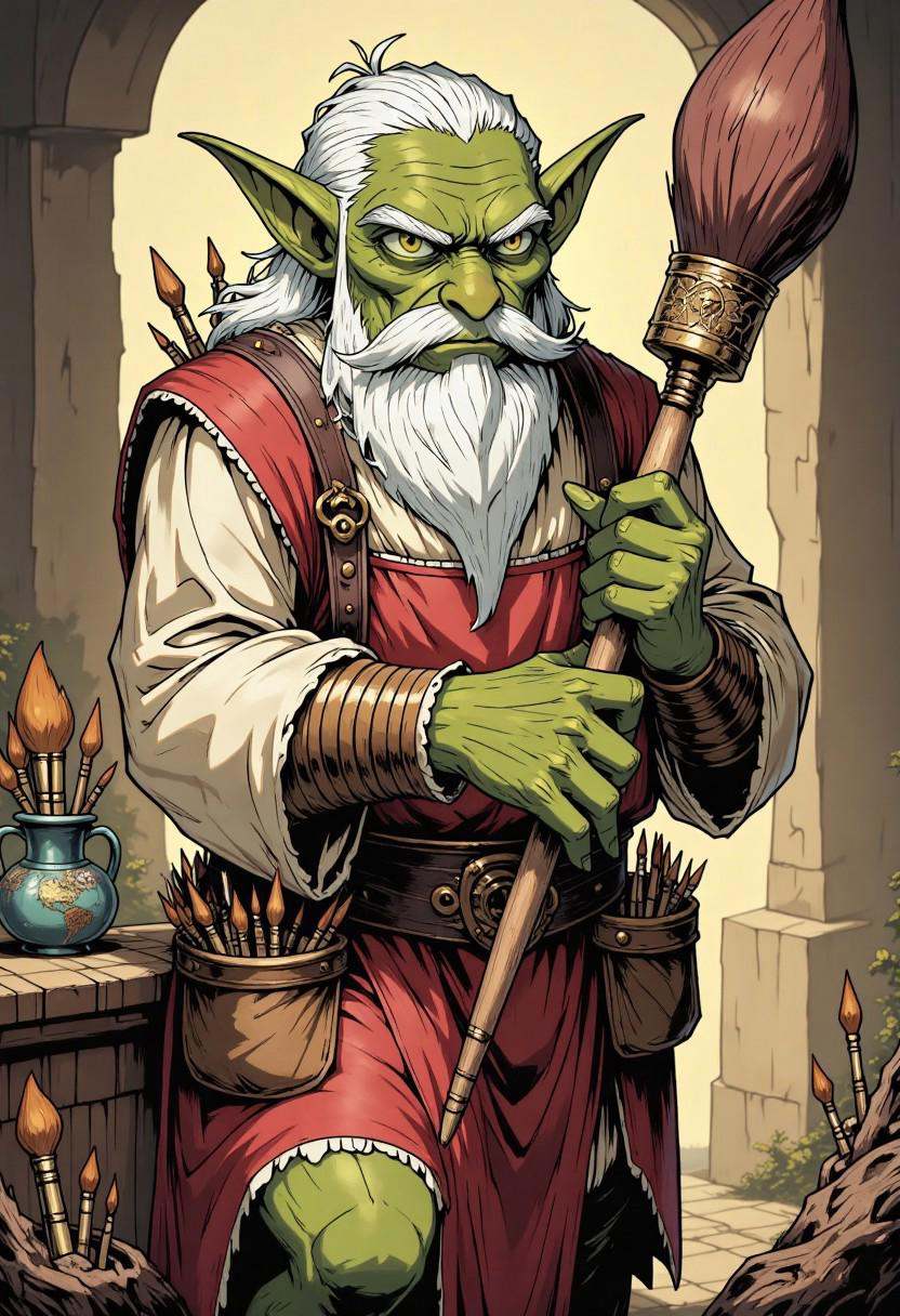comic illustration in TTCSV1.5 artstyle that features a green skined gremlin with long white beard,  gremlin hold a big br...