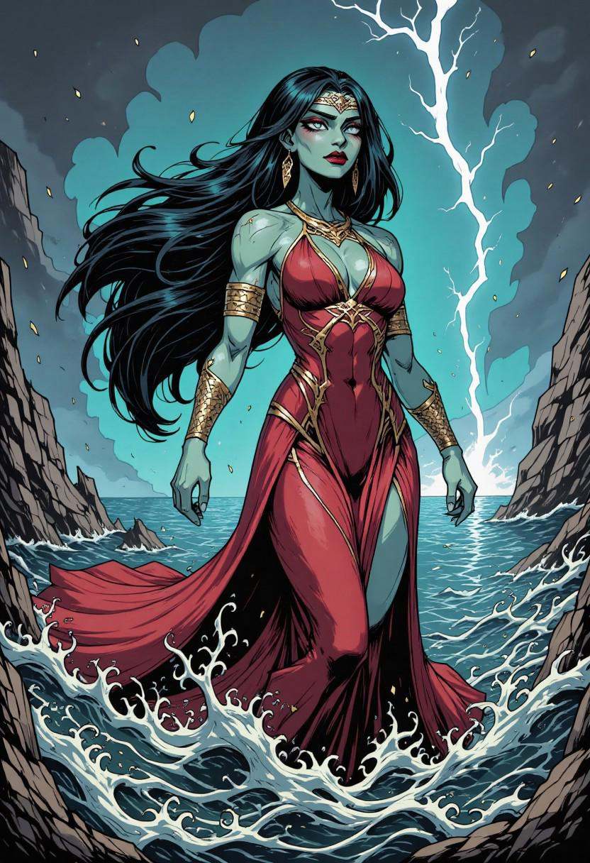 comic illustration in TTCSV1.5 artstyle that features A captivating siren,  her form outlined against a stormy sea. Her ha...
