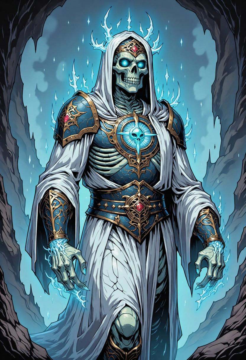 comic illustration in TTCSV1.5 artstyle that features A spectral and eerie figure dominates the image,  shrouded in an eth...
