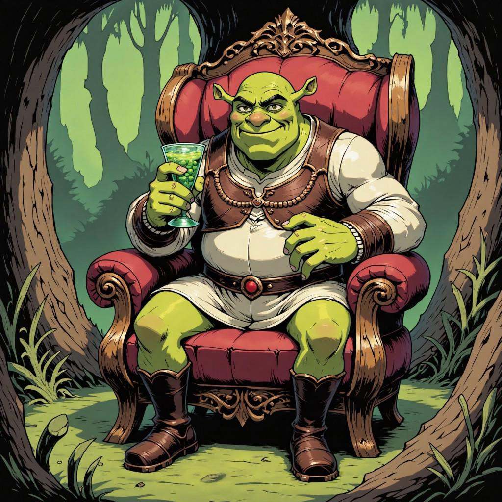 comic illustration in TTCSV1.5 artstyle that features Shrek sitting on a chair in his swamp,  Shrek smiles and looks at vi...
