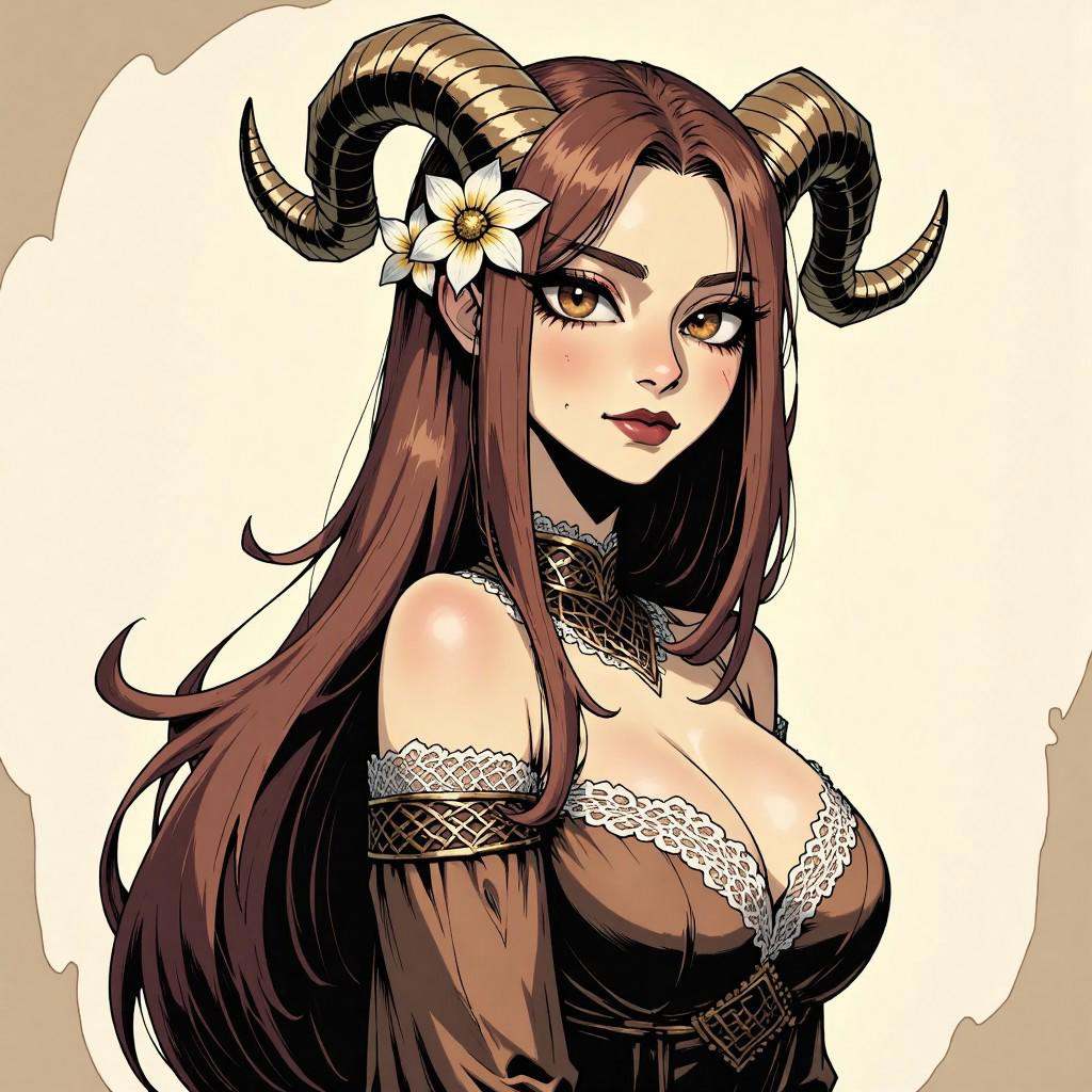 comic illustration in TTCSV1.5 artstyle that features a fair-skinned woman with long straight brown hair adorned with a wh...