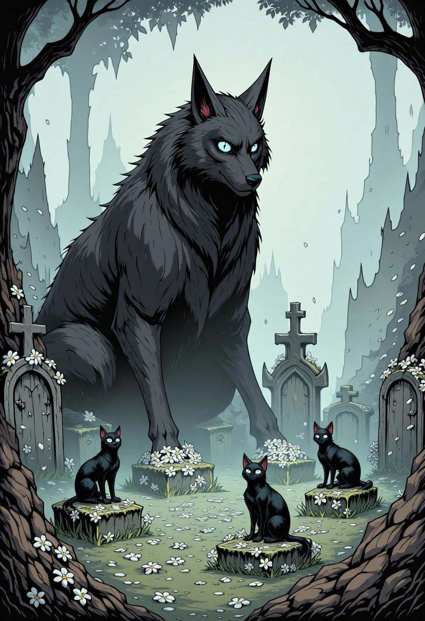 comic illustration in TTCSV1.5 artstyle that features fog covered graveyard,  graveyard is full of white flowers that rais...
