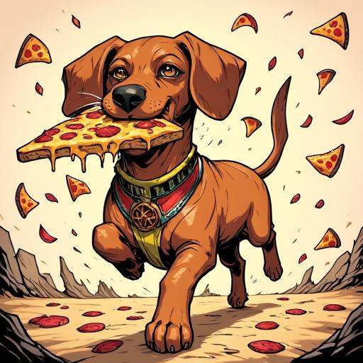 inked comic illustration in TTCSV1.5 artstyle that features a dachshund running away with a big slice of pizza in his mout...