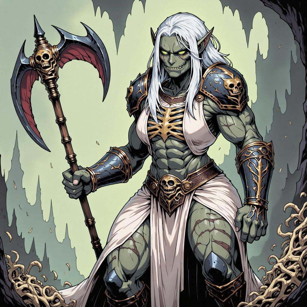 comic illustration in TTCSV1.5 artstyle that features a half elf half Goliath towering,  muscular female necromancer.She i...