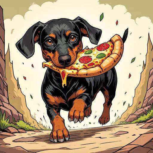 inked comic illustration in TTCSV1.5 artstyle that features a dachshund running away with a big slice of pizza in his mout...