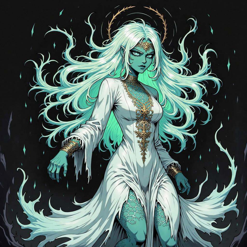 comic illustration in TTCSV1.5 artstyle that features a dark,  moody,  and ethereal hauntingly beautiful ghost woman. With...