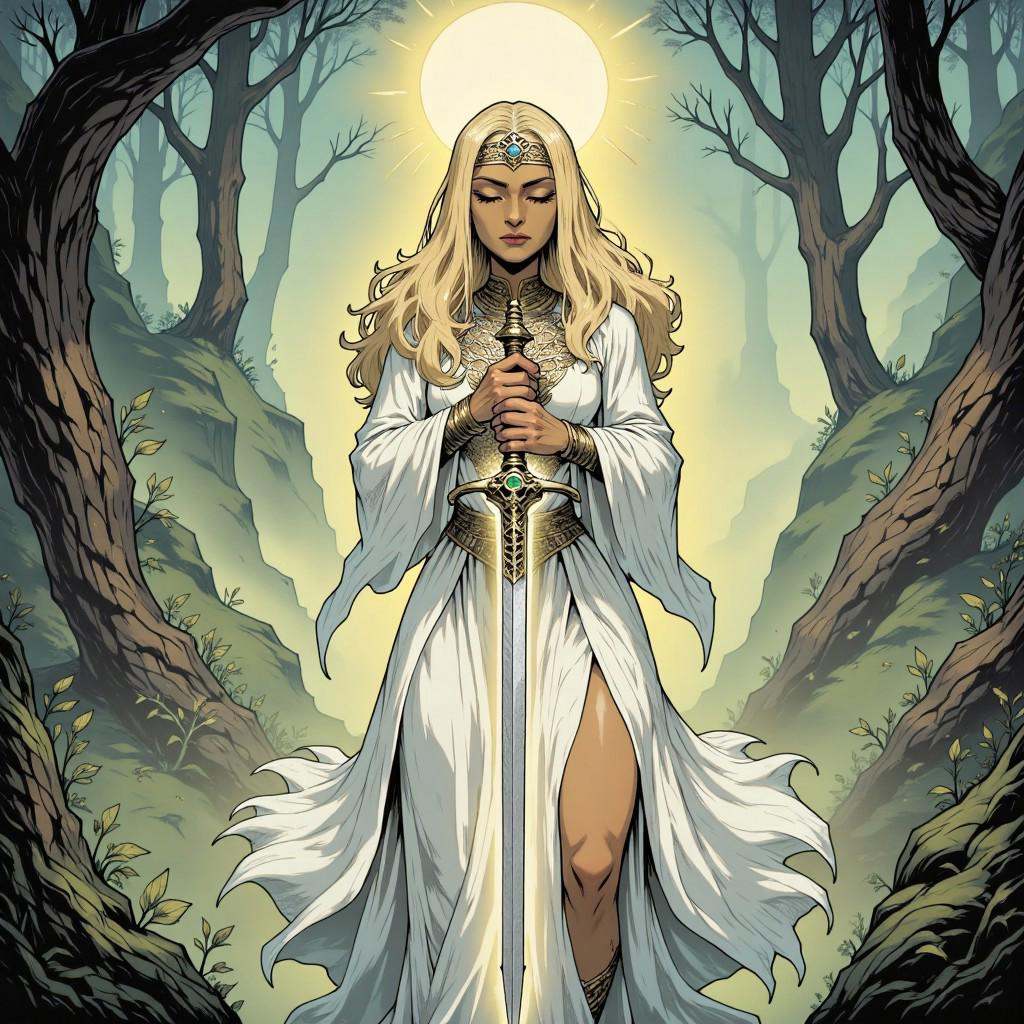 comic illustration in TTCSV1.5 artstyle that features a woman,  an embodiment of grace and divinity,  holds a long on Tens...