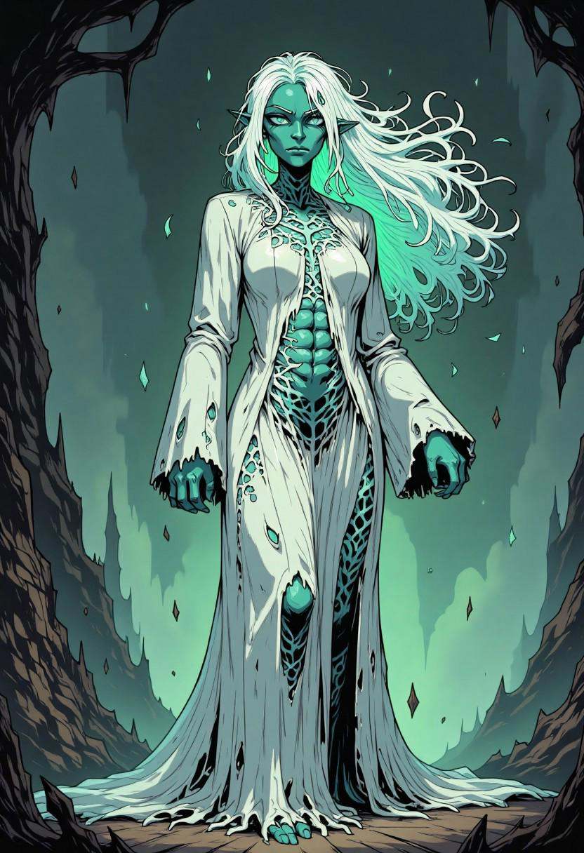 comic illustration in TTCSV1.5 artstyle that features a dark,  moody,  and ethereal hauntingly beautiful ghost woman. With...