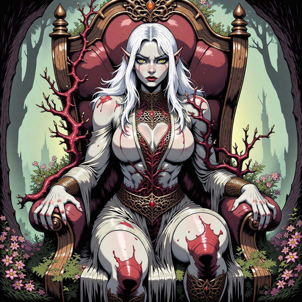 Comic illustration in TTCSV2.0 style of: Beautifull elven woman,  who's body been fused with nature in profane ritual,  he...