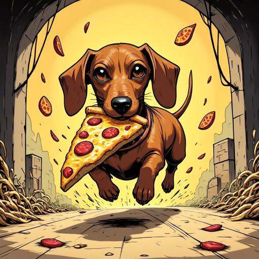 Comic illustration in TTCSV2.0 style of: a dachshund running away with a big slice of pizza in his mouth on Tensor.Art