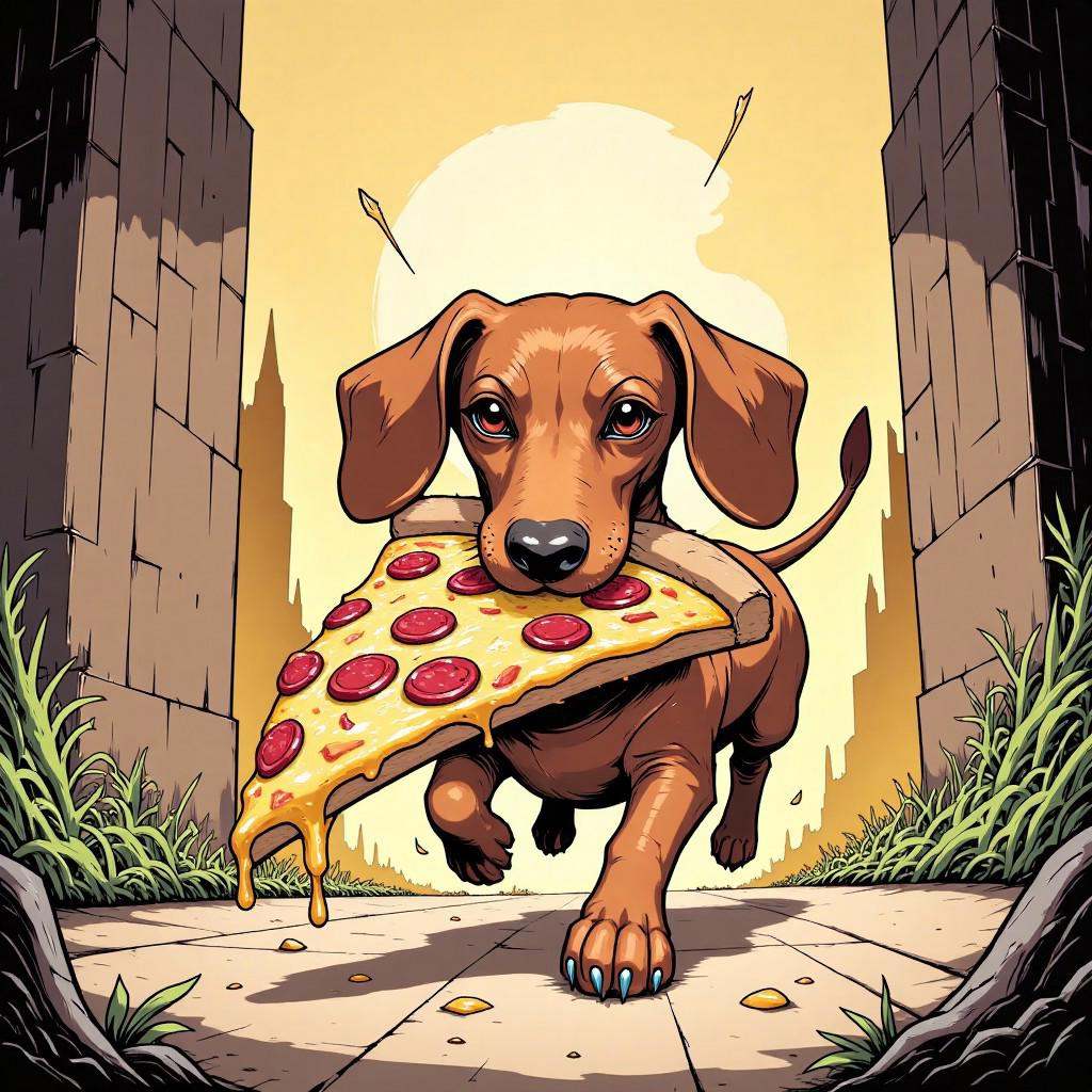 Comic illustration in TTCSV2.0 style of: a dachshund running away with a big slice of pizza in his mouth on Tensor.Art