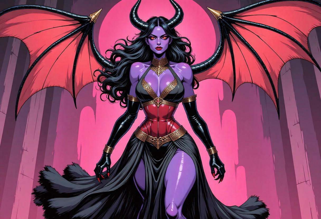 Comic illustration in TTCSV2.0 style of: A tall seductive purple skinned succubus,  demon woman with black horns,  and lon...