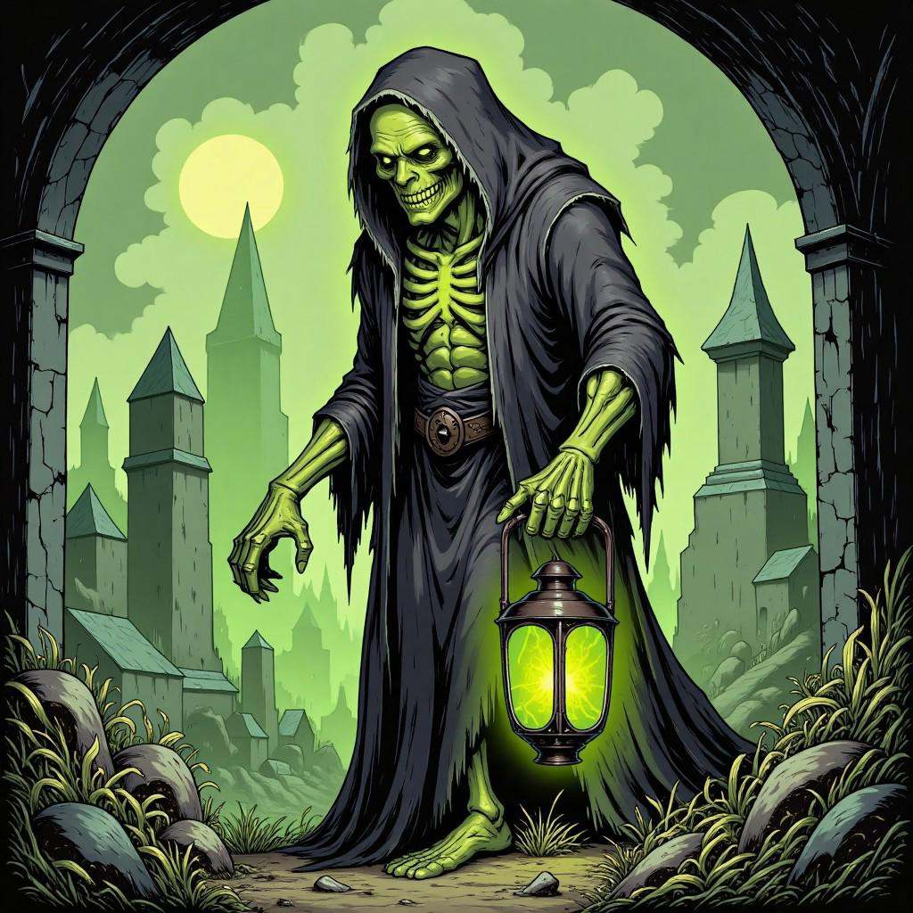 Comic illustration in TTCSV2.0 style of: An ancient,  reclusive figure who tends to the graves of the lost and the damned....