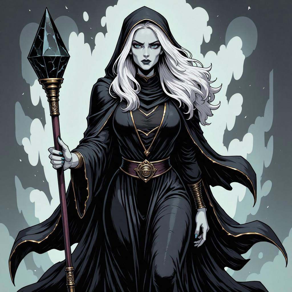 Comic illustration in TTCSV2.0 style of: Cloaked in tattered robes of midnight black,  the Shadow Sorceress’s presence is...