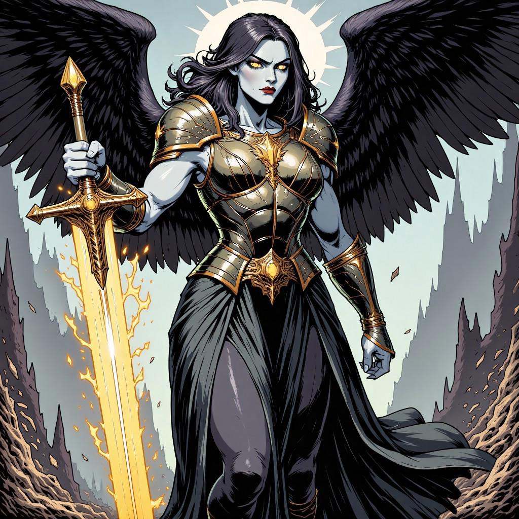 Comic illustration in TTCSV2.0 style of: A former angel cast down from the heavens for betraying their celestial order. Th...