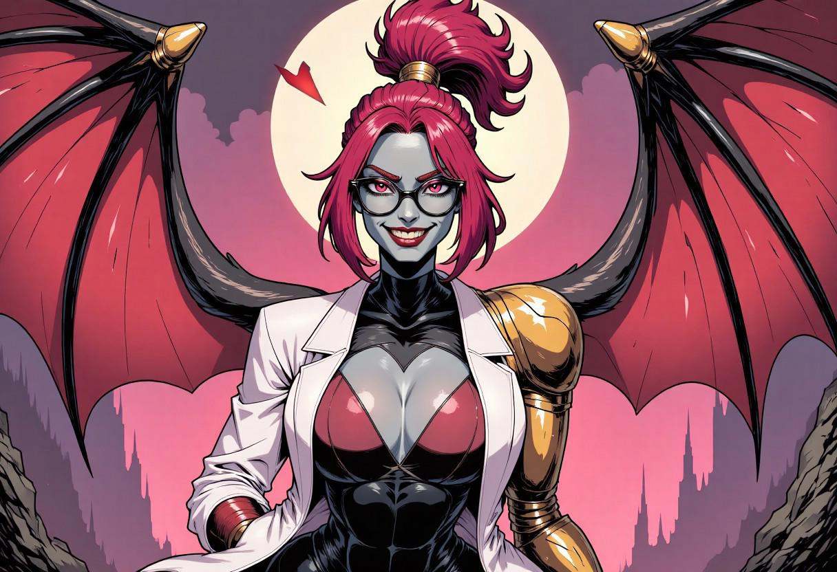 Comic illustration in TTCSV2.0 style of: Grey skinned succubus with red hair tied high in ponytail,  pink eyes with white...