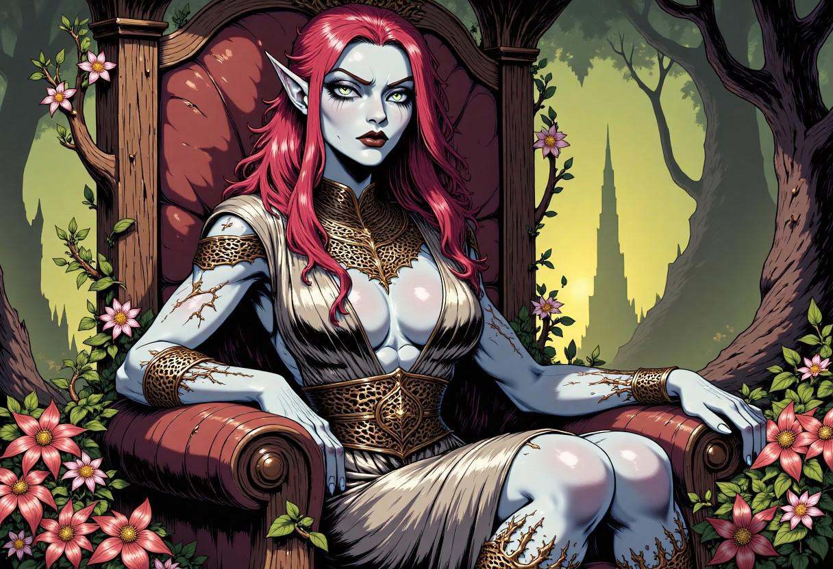 Comic illustration in TTCSV2.0 style of: Beautifull elven woman,  who's body been fused with nature in profane ritual,  he...