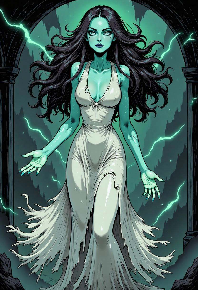 Comic illustration in TTCSV2.0 style of: a dark,  moody,  and ethereal hauntingly beautiful ghost woman. With a focus on v...